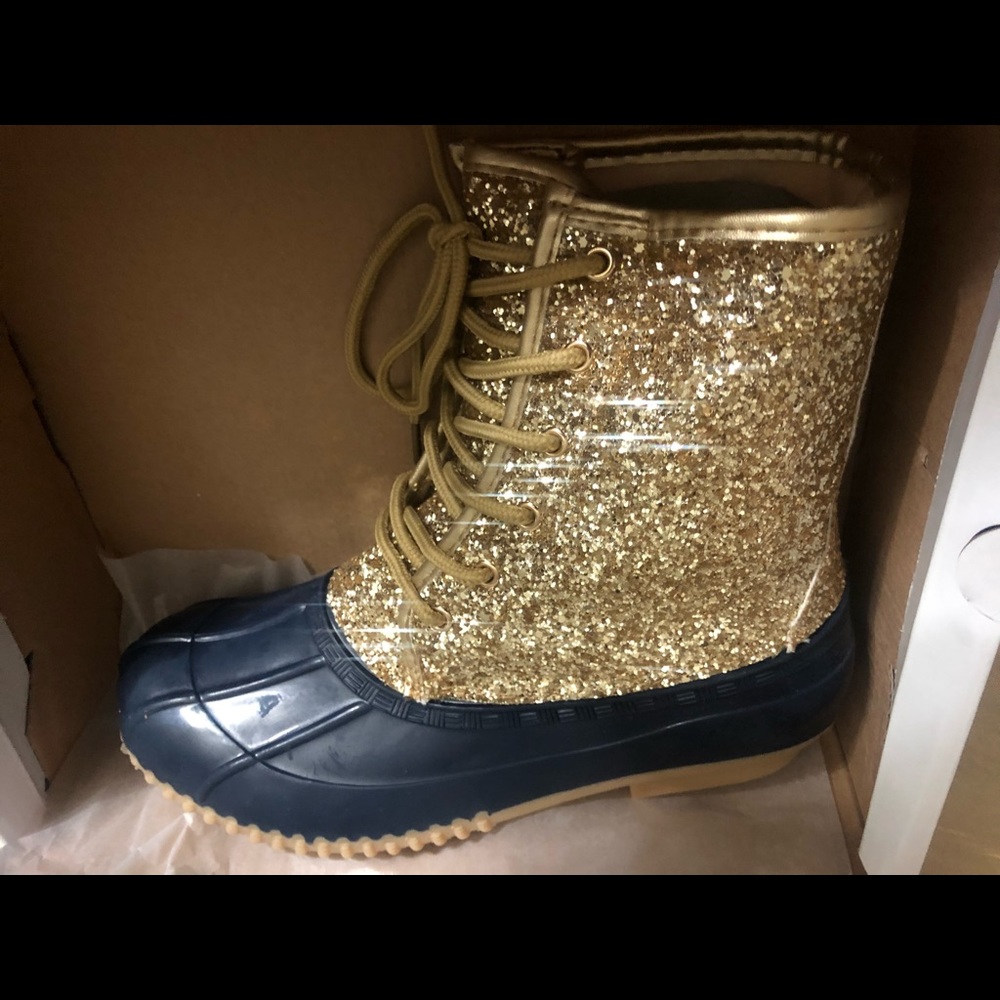 Sugar gold glitter Duck boots with blue size 8